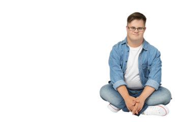 PNG,smiling young man with down syndrome in glasses, jeans and white t-shirt posing for camera,isolated on white background