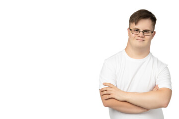 PNG,smiling young man with down syndrome in a white t-shirt poses for the camera,isolated on white...