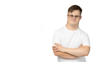 PNG,smiling young man with down syndrome in a white t-shirt poses for the camera,isolated on white background