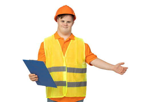 PNG,smiling young man with down syndrome in work uniform with hard hat on his head,isolated on white background