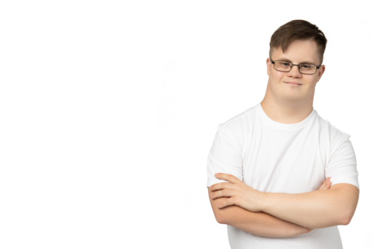 PNG,smiling young man with down syndrome in a white t-shirt poses for the camera,isolated on white background