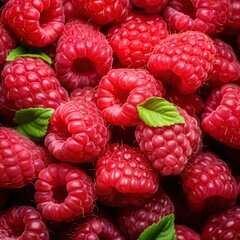 A detailed portrait image of Full frame closeup of fresh ripe red healthy raspberries ,Generative AI