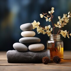 Spa still life with stones and aromatherapy oil on wooden table. Spa Concept. Spa Beauty Treatments. Copy Space.