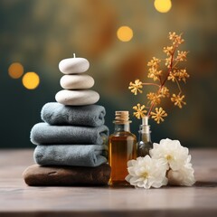 Obraz na płótnie Canvas Spa still life with zen stones, essential oil and flowers. Spa Concept. Spa Beauty Treatments. Copy Space.