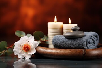 Spa still life with candles, flowers and towels on dark background. Spa Concept. Spa Beauty Treatments. Copy Space.