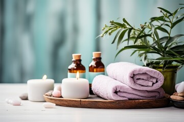 Fototapeta na wymiar Spa still life with towels, candles and flowers on wooden background. Spa Concept. Spa Beauty Treatments. Copy Space.