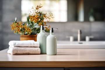 Fototapeta na wymiar Bottles of liquid soap and towels on wooden table in modern bathroom. Spa Concept. Spa Beauty Treatments. Copy Space.