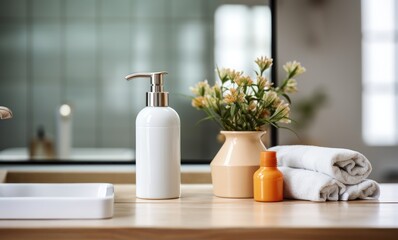 Cosmetics bottles and towels on wooden table in bathroom, closeup. Spa Concept. Spa Beauty Treatments. Copy Space.