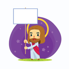 Cute Jesus is holding a blank board. Isolated Vector Illustration