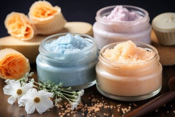 Obraz na płótnie Canvas Spa products with sea salt and scrubs, cosmetic creams on wooden background, close-up. Spa Concept. Spa Beauty Treatments. Copy Space.