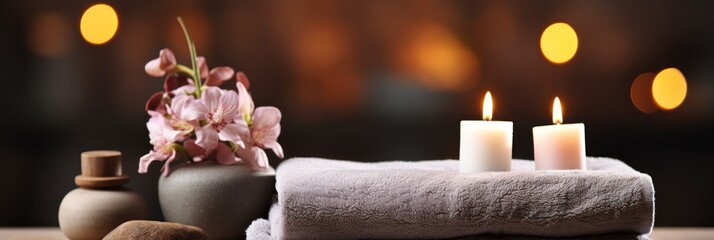 Spa composition with candles and orchid on blurred background, closeup. Spa Concept. Spa Beauty...