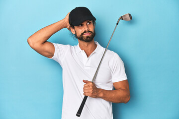 Long-haired golfer with club and hat being shocked, she has remembered important meeting.