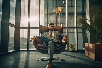 Happy businessman relaxing on armchair