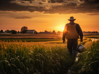 Fotografía de un agricultor en campos dorados al atardecer, rodeado por la generosidad de la naturaleza.