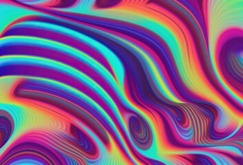 Neon fluid. Psychedelic background. Bright cyan blue pink purple orange rainbow color glow wave abstract pattern art illustration with free space.