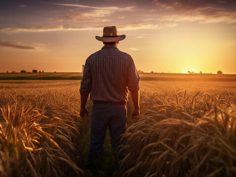 Fotograf&iacute;a de un agricultor en campos dorados al atardecer, rodeado por la generosidad de la naturaleza.