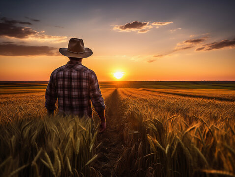 Fotografía de un agricultor en campos dorados al atardecer, rodeado por la generosidad de la naturaleza.