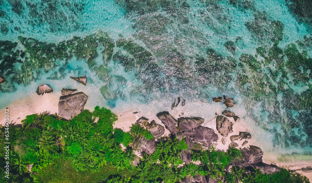 Poster overhead aerial view of anse source argent beach in la digue, seychelle islands - africa