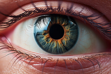 Generative AI Image of Macro Shot of Human Eye with Beautiful Lens and Brownish White Skin - obrazy, fototapety, plakaty