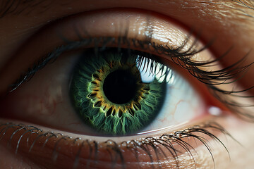 Generative AI Image of Close Up Macro Shot of Human Eye with Green Lens - obrazy, fototapety, plakaty