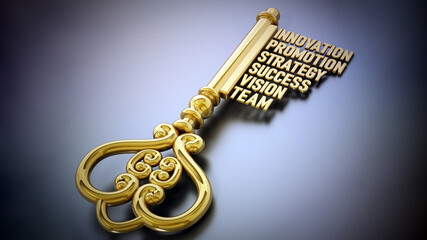 Vintage gold key with business and success related words. 3D illustration