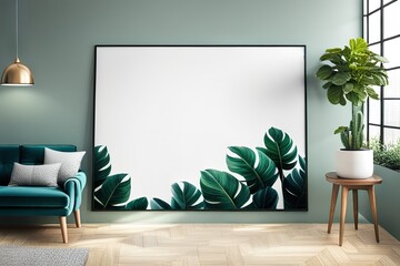 indoor plants and close-up poster stand in modern interior, mock-up concept