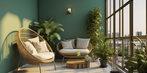 Modern minimalistic interior of the balcony, green, white and golden colors. Super photo realistic background, generative ai