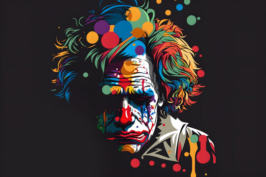 Jocker clown. Depressed person. Surreal artwork. Gloomy evil male character with colorful spots smearing makeup illustration on black background.