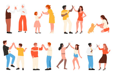 Happy people giving high five set vector illustration. Cartoon isolated greeting and unity gesture of characters, nonverbal body language of two partners, friends or family, team of colleagues