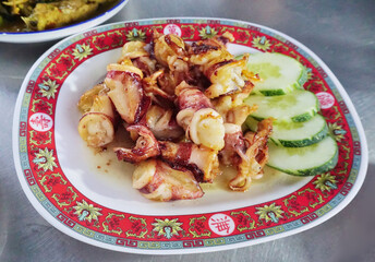 Crisp garlic egged squid or calamari in dish, Seafood menu