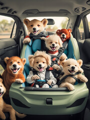 Animals are seated in a child seat.