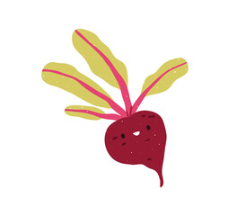 Cute happy beetroot character. Funny comic vegetable. Kawaii food emoji with smiling face emotion, expression, mood. Adorable childish kids flat vector illustration isolated on white background