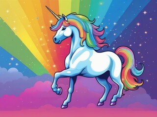 Painting of an unicorn with rainbow in background