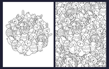 Cute Easter bunnies and chicks coloring pages set in US Letter format. Doodle background with Easter characters  for coloring book. Vector illustration - 634607124