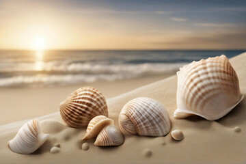 Fototapeta na wymiar Various shells on the beach with sunset views and sea waves.