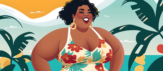 Enjoying holiday. Obese woman. Cartoon illustration. Graphic art of cheerful chubby female in floral swimsuit enjoying tropical summer vacation.