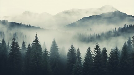 Naklejka premium Generative AI : Misty landscape with fir forest in hipster vintage retro style