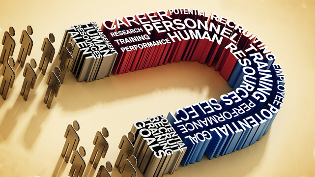 Human resources related keywords forming horseshoe magnet attracts people. 3D illustration