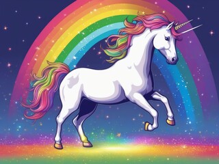 Naklejka na ściany i meble Painting of an unicorn with rainbow in background