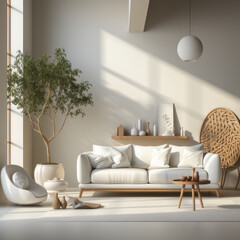 Interior Design. Living room with white sofa, square photo. AI generative.
