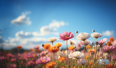 Wildflowers colorful various flowers in field.Colorful wildflower meadow with sunshine and blue sky background.Summer flower meadow - Holiday time in the garden