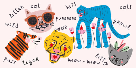 Stylish set with wild and domestic cats and words. Vector collection, illustration, design, print  © irinabogomolova