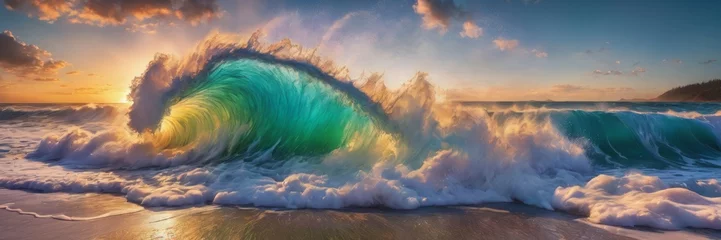 Poster Massive wave breaking onto a beach turning into colorful candies © Klerat