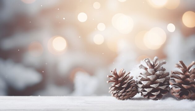Christmas blurred background with pine cones and fir branches, Generative AI