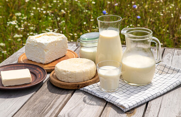Dairy products on a cow farm. Selective focus.