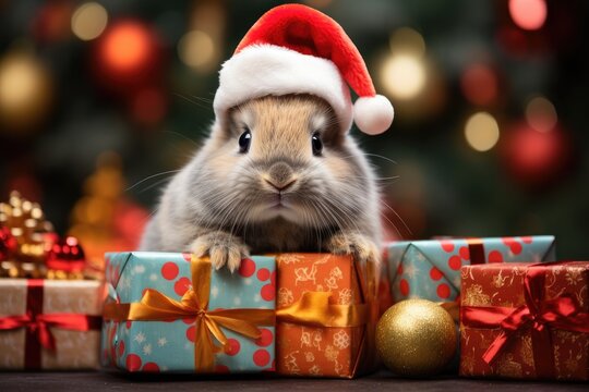 rabbit in Santa hat with gift box