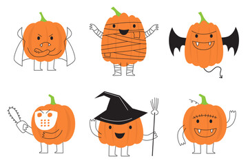 Set of pumpkin with halloween costume . line art cartoon character design . Vector .