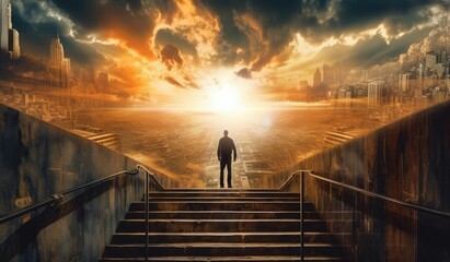 Fototapeta premium Success person climbed on top of the stairs looking at the cityscape