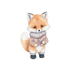 kawaii cute little fox watercolor wearing vintage winter costume merry christmas and happy new year on white background vector illustration.