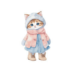 kawaii cute little kitten watercolor wearing vintage winter costume merry christmas and happy new year on white background vector illustration.